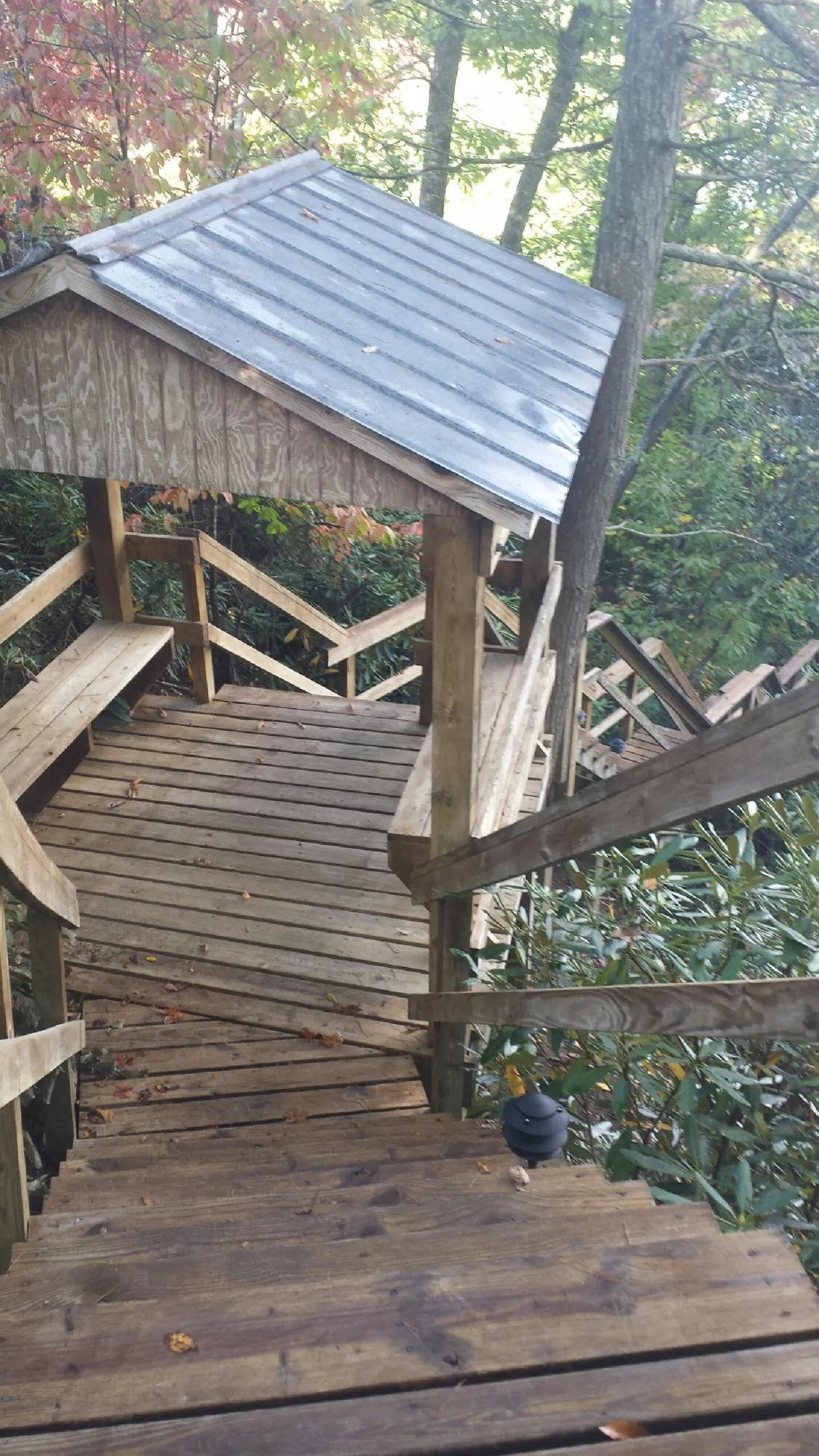 Metal roofed shelter over wooden steps on a wooded walkway — Skylight Repair & Installation work by our crew in Mount Clemens